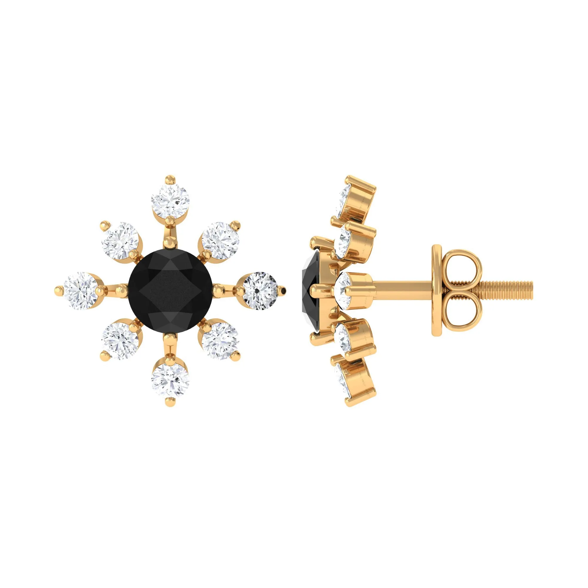 1 CT Black Onyx and Diamond Flower Stud Earrings