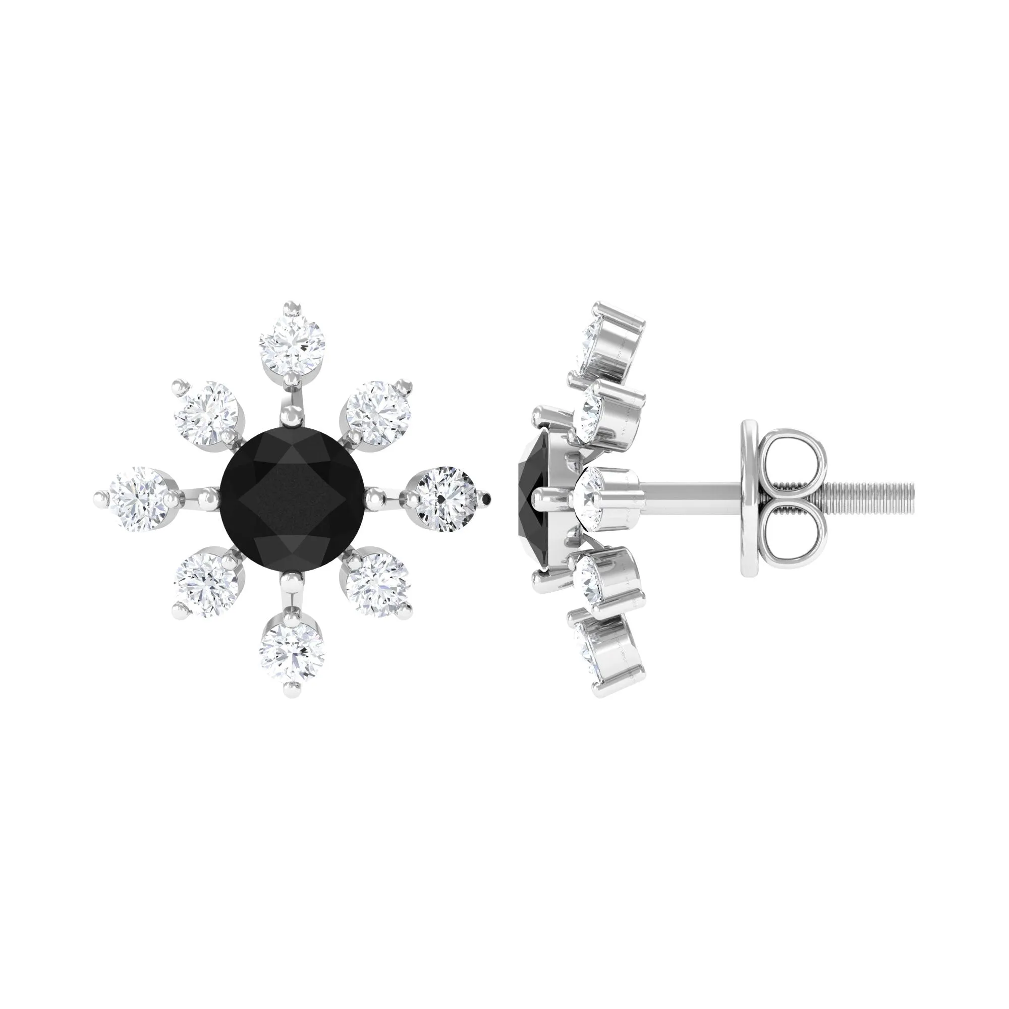1 CT Black Onyx and Diamond Flower Stud Earrings