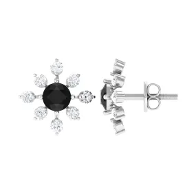1 CT Black Onyx and Diamond Flower Stud Earrings