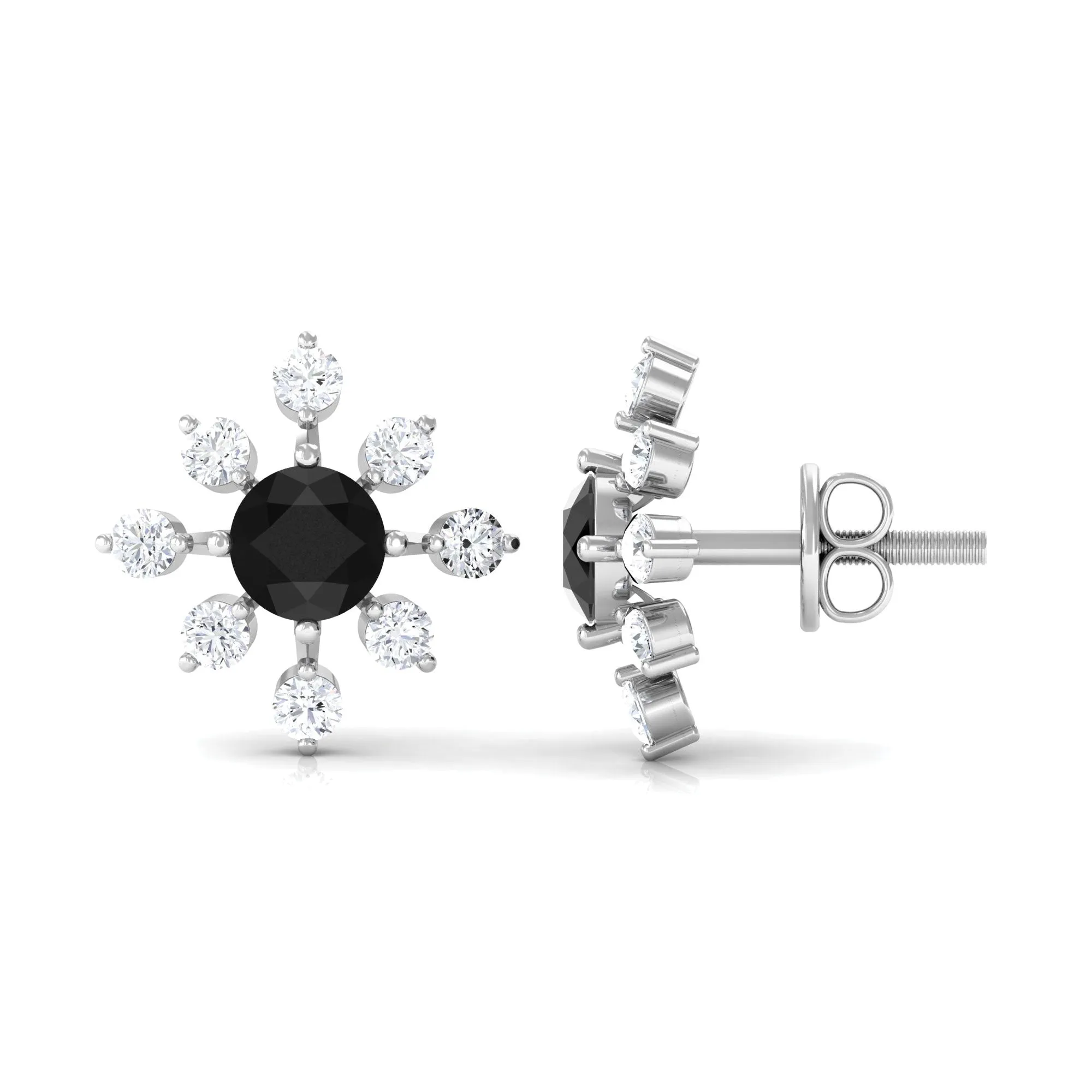 1 CT Black Onyx and Diamond Flower Stud Earrings