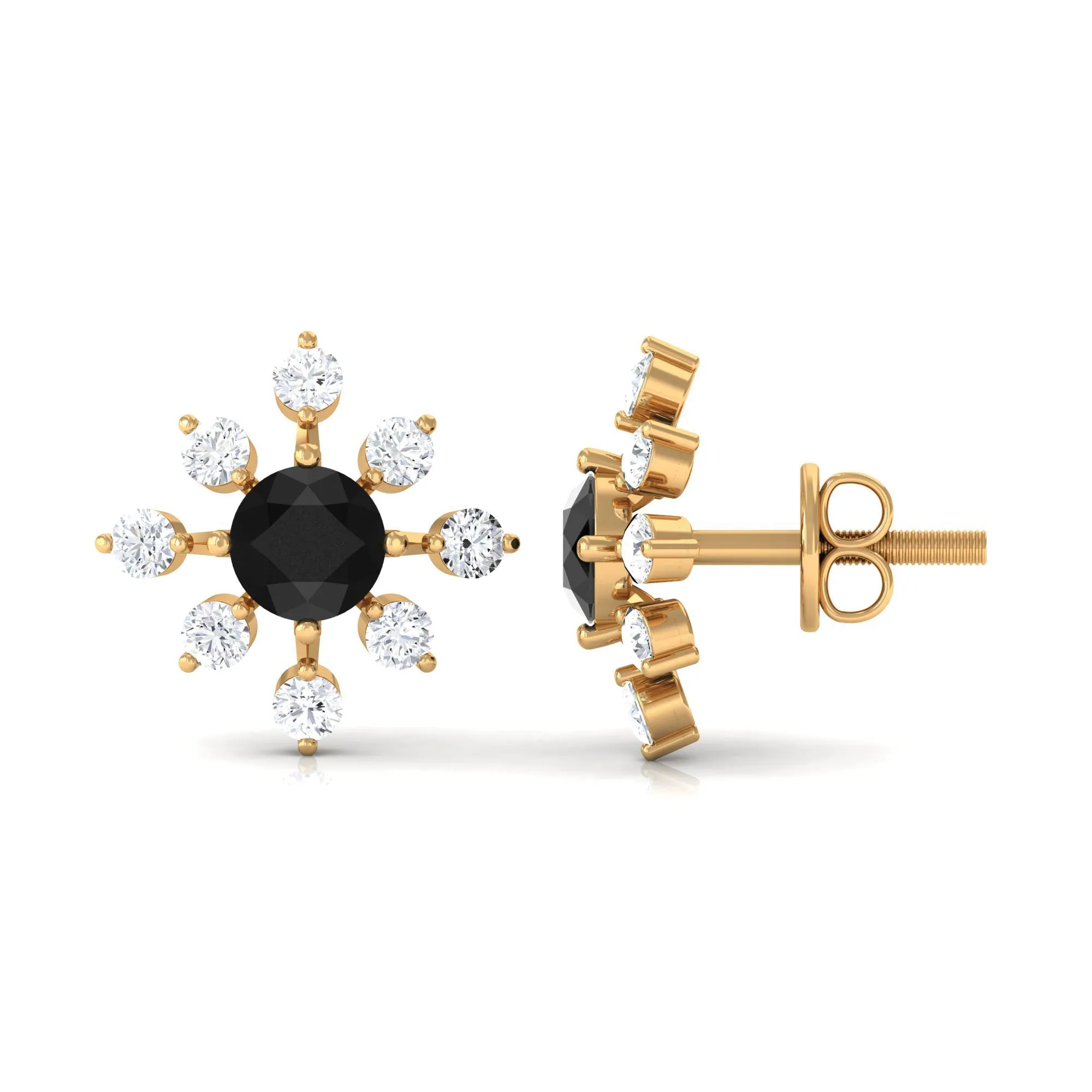 1 CT Black Onyx and Diamond Flower Stud Earrings