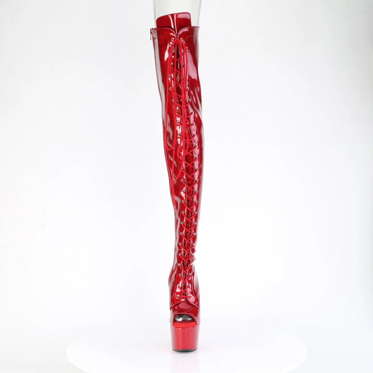 ADORE-3021GP Pleaser Red Patent Glitter Platform Peep Toe Thigh High Boots