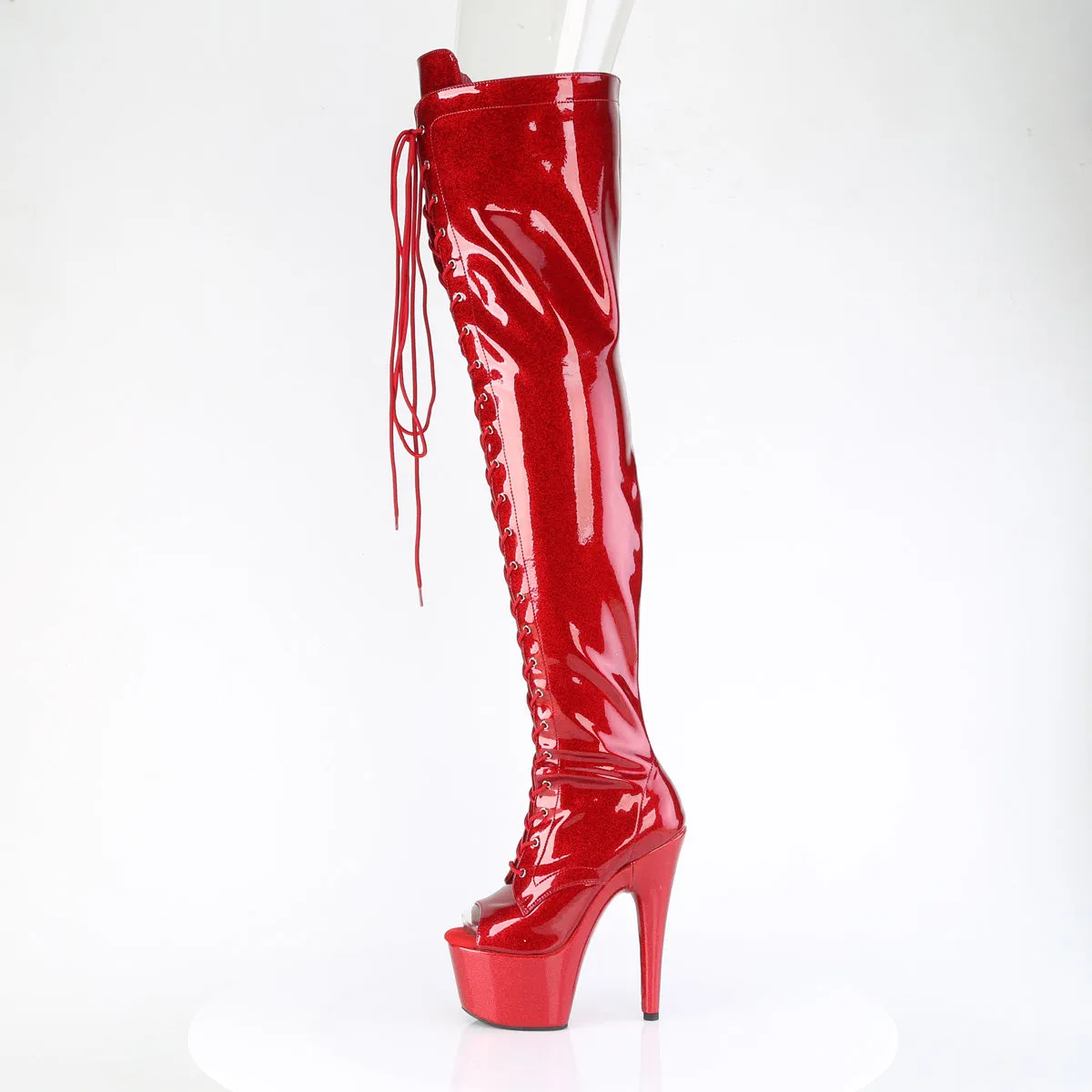 ADORE-3021GP Pleaser Red Patent Glitter Platform Peep Toe Thigh High Boots