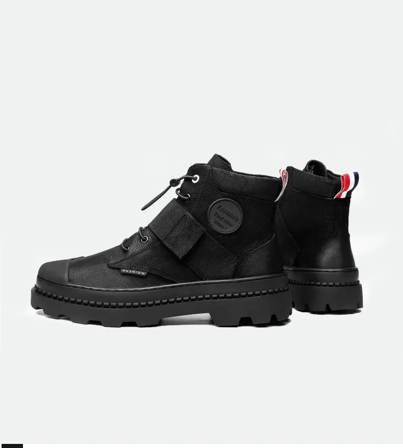 FAMAN LACE UP LEATHER HIKER BOOTS WITH BUCKLE DETAIL