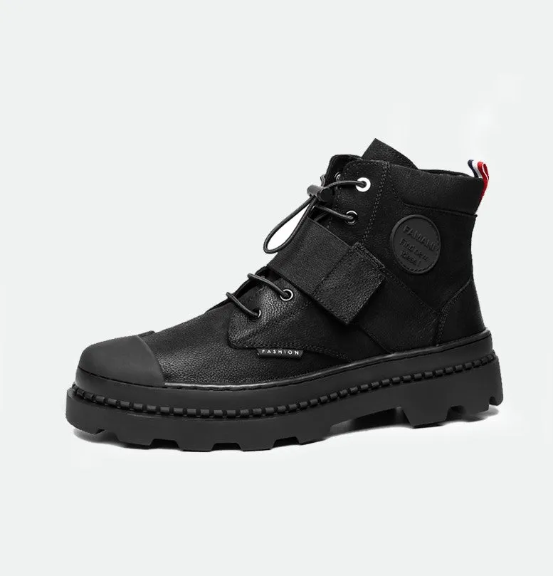FAMAN LACE UP LEATHER HIKER BOOTS WITH BUCKLE DETAIL