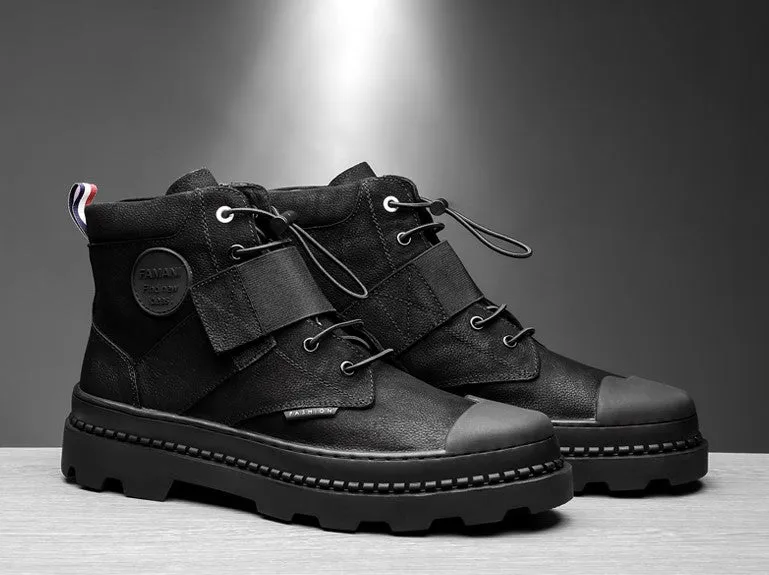 FAMAN LACE UP LEATHER HIKER BOOTS WITH BUCKLE DETAIL