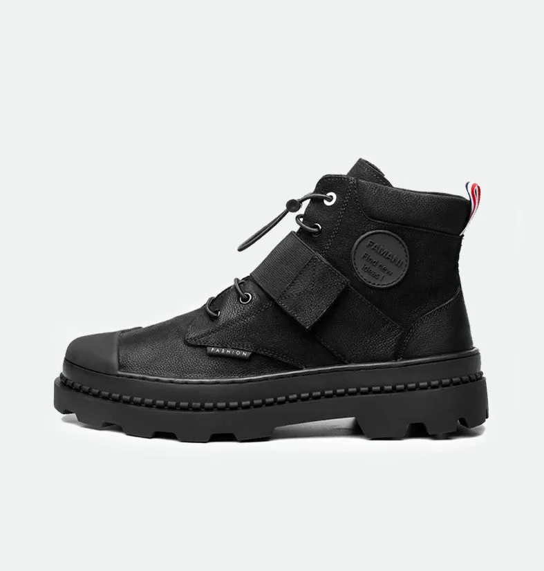 FAMAN LACE UP LEATHER HIKER BOOTS WITH BUCKLE DETAIL