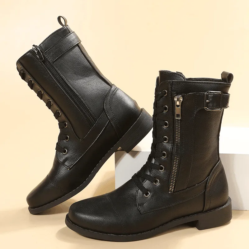 Lace-Up Western Boots - Women's Side Zipper Low-Heel Boots