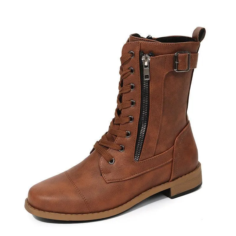 Lace-Up Western Boots - Women's Side Zipper Low-Heel Boots
