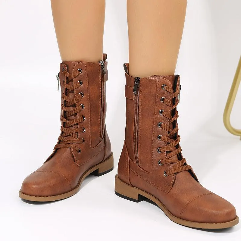 Lace-Up Western Boots - Women's Side Zipper Low-Heel Boots