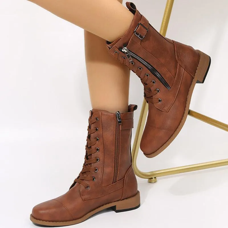 Lace-Up Western Boots - Women's Side Zipper Low-Heel Boots