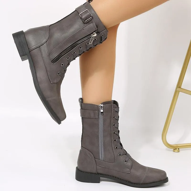 Lace-Up Western Boots - Women's Side Zipper Low-Heel Boots