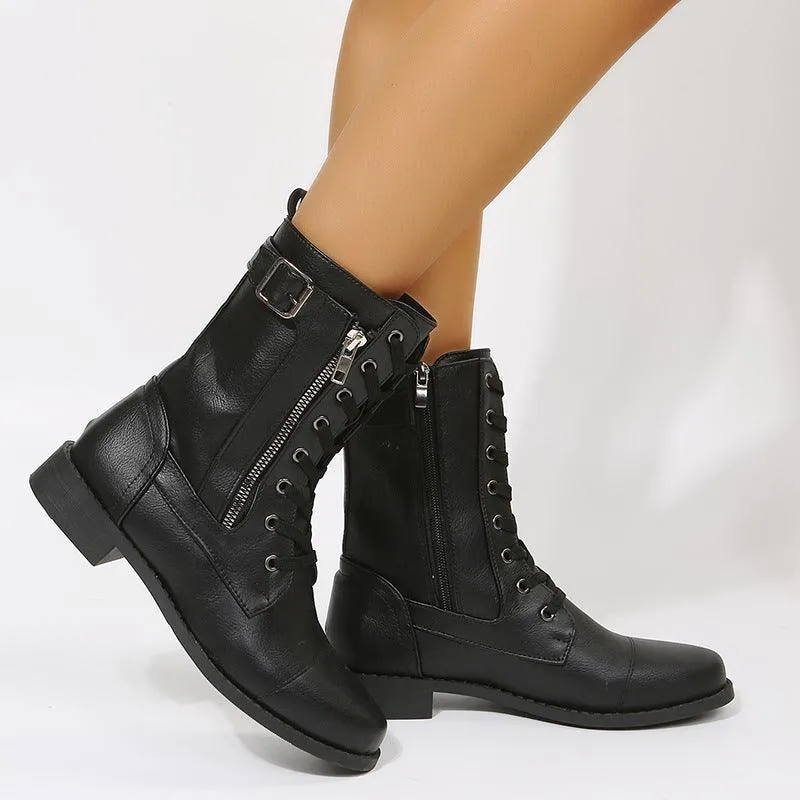 Lace-Up Western Boots - Women's Side Zipper Low-Heel Boots