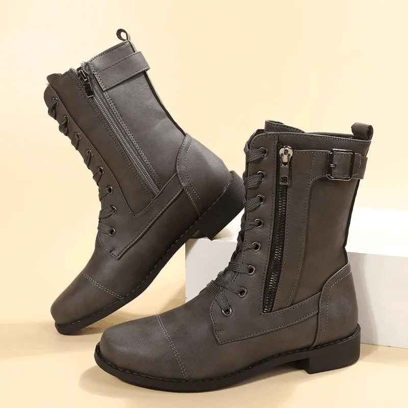 Lace-Up Western Boots - Women's Side Zipper Low-Heel Boots