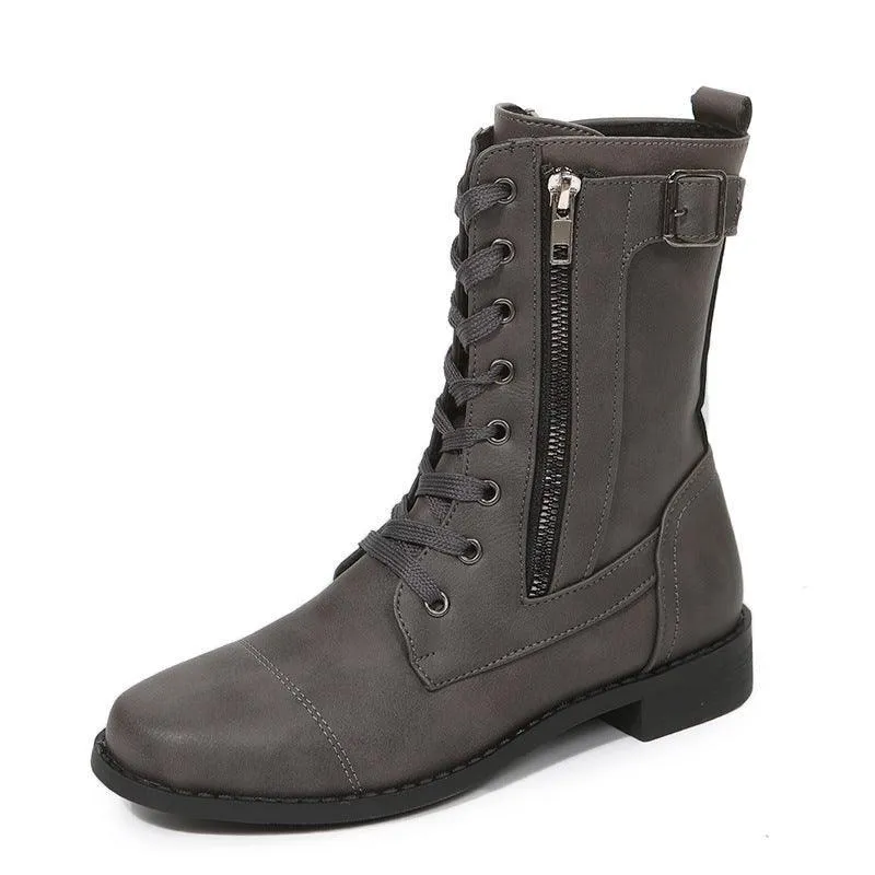Lace-Up Western Boots - Women's Side Zipper Low-Heel Boots