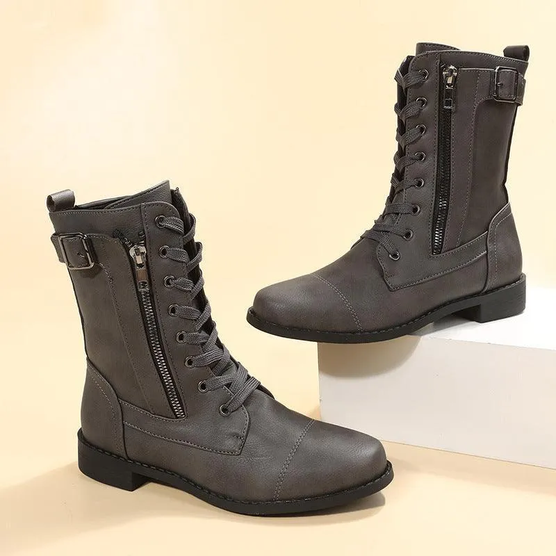 Lace-Up Western Boots - Women's Side Zipper Low-Heel Boots