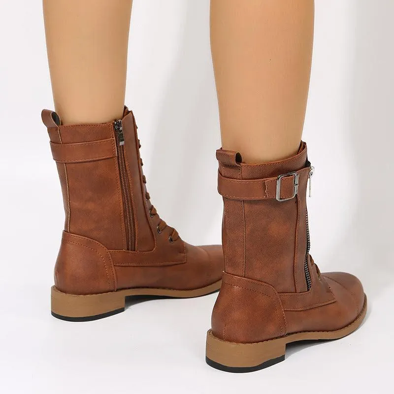 Lace-Up Western Boots - Women's Side Zipper Low-Heel Boots