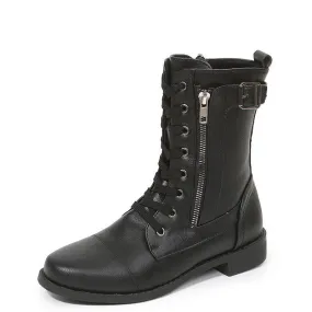 Lace-Up Western Boots - Women's Side Zipper Low-Heel Boots
