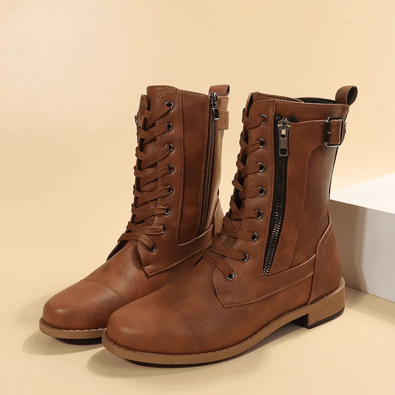 Lace-Up Western Boots - Women's Side Zipper Low-Heel Boots