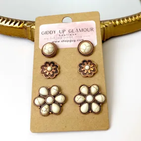 Set Of Three | Flower and Stone Copper Tone Earring Set in Ivory