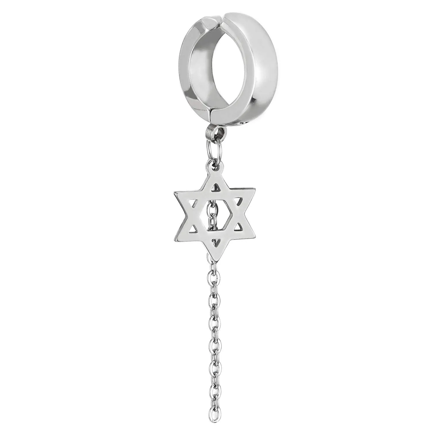 Steel Huggie Hinged Hoop Ear Clip Non-piercing Clip on Earring Dangling Star of David and Long Chain