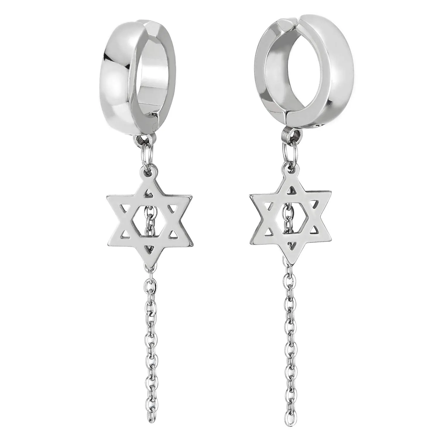 Steel Huggie Hinged Hoop Ear Clip Non-piercing Clip on Earring Dangling Star of David and Long Chain