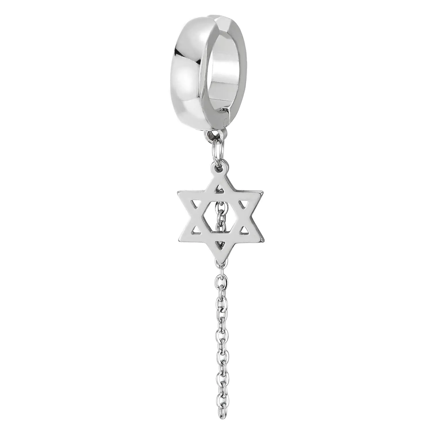 Steel Huggie Hinged Hoop Ear Clip Non-piercing Clip on Earring Dangling Star of David and Long Chain